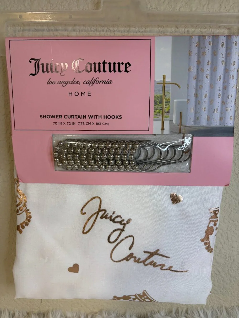Juicy Couture Crown Heart Shower Curtain Rose Gold Hooks 70x72 NWT